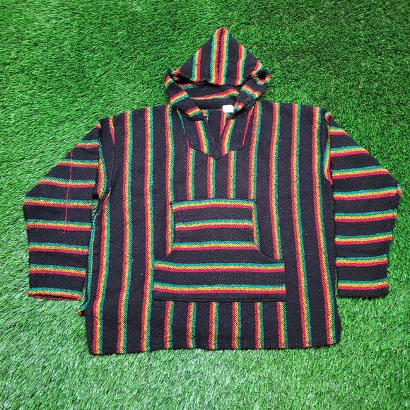 VTG 90s Rasta Baja Hoodie Drug Rug Boxy Cropped Fit Womens Oversized L/XL Reggae - Picture 1 of 5